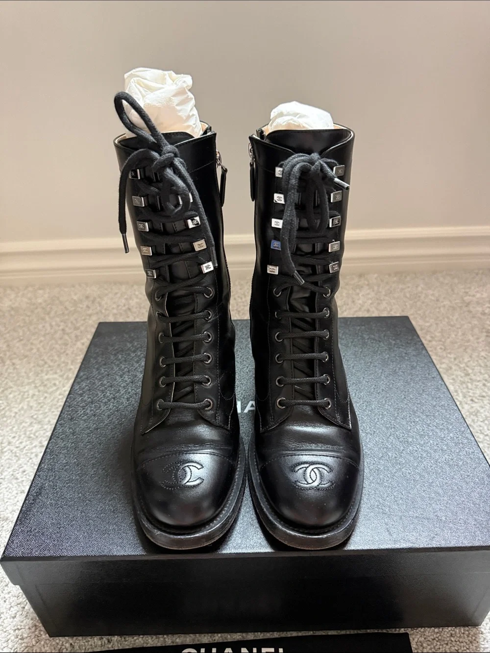 Chanel 19A Black Leather Lace Up Combat Boots 38.5